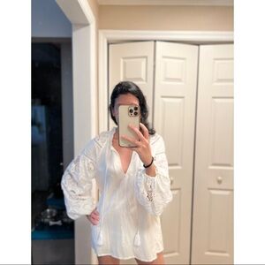 NWT Kasia White Linen Crochet Long Sleeve Tunic Cover Up Blouse XS